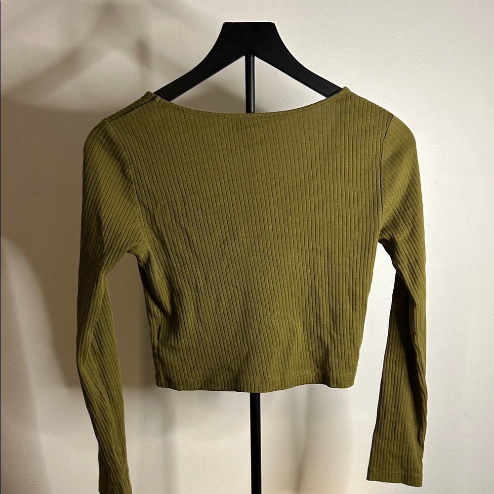 Topshop Olive Ribbed V-Neck Blouse - Picture 4 of 5
